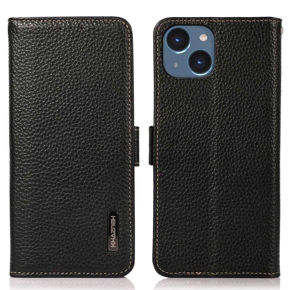 KHAZNEH For iPhone 15 Plus RFID Blocking Genuine Cow Leather Case Cell Phone Stand Wallet Cover