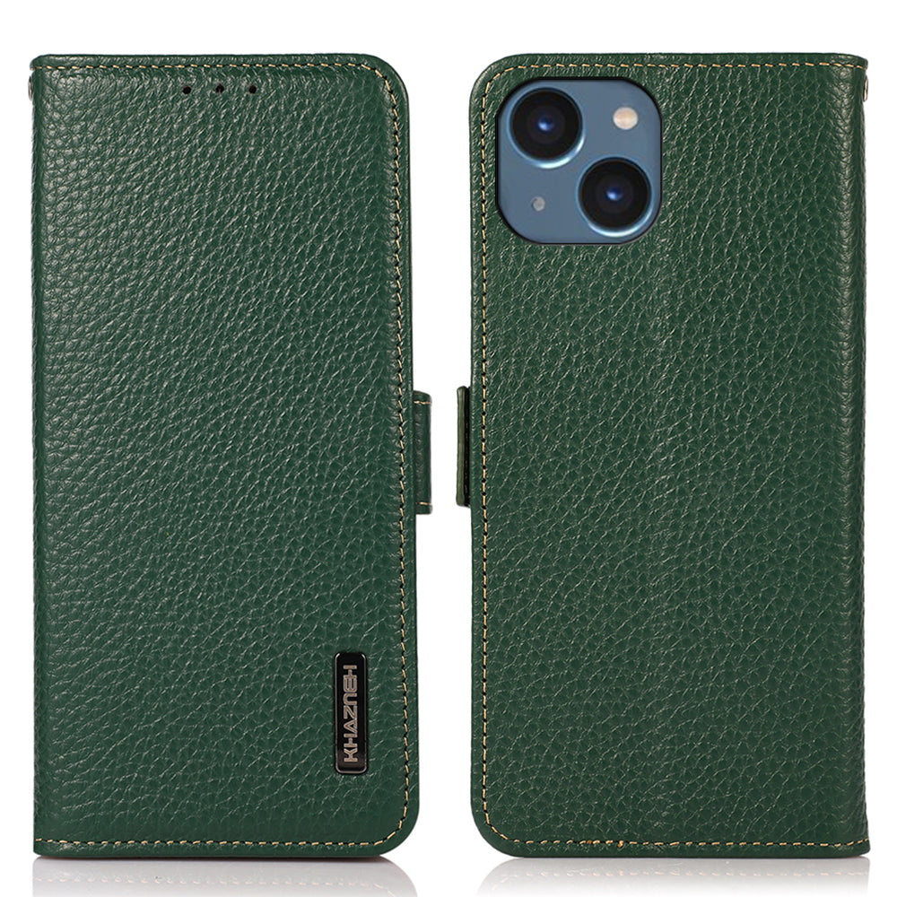 KHAZNEH For iPhone 15 Plus RFID Blocking Genuine Cow Leather Case Cell Phone Stand Wallet Cover