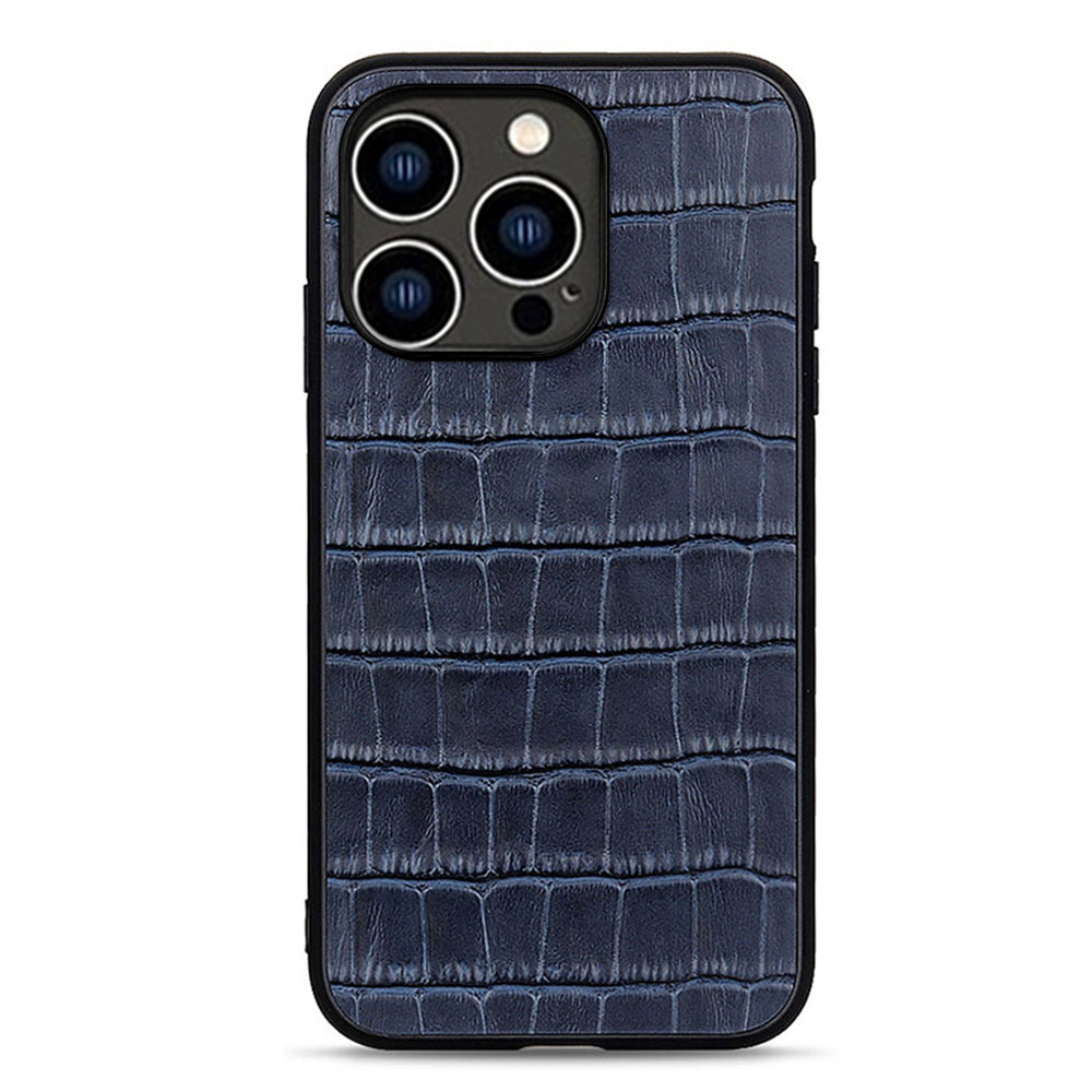 Pro iPhone 15 Pro Skořápka proti poškrábání Krokodýlí textura Pouzdro na PC z pravé hovězí kůže TPU Kryt na telefon