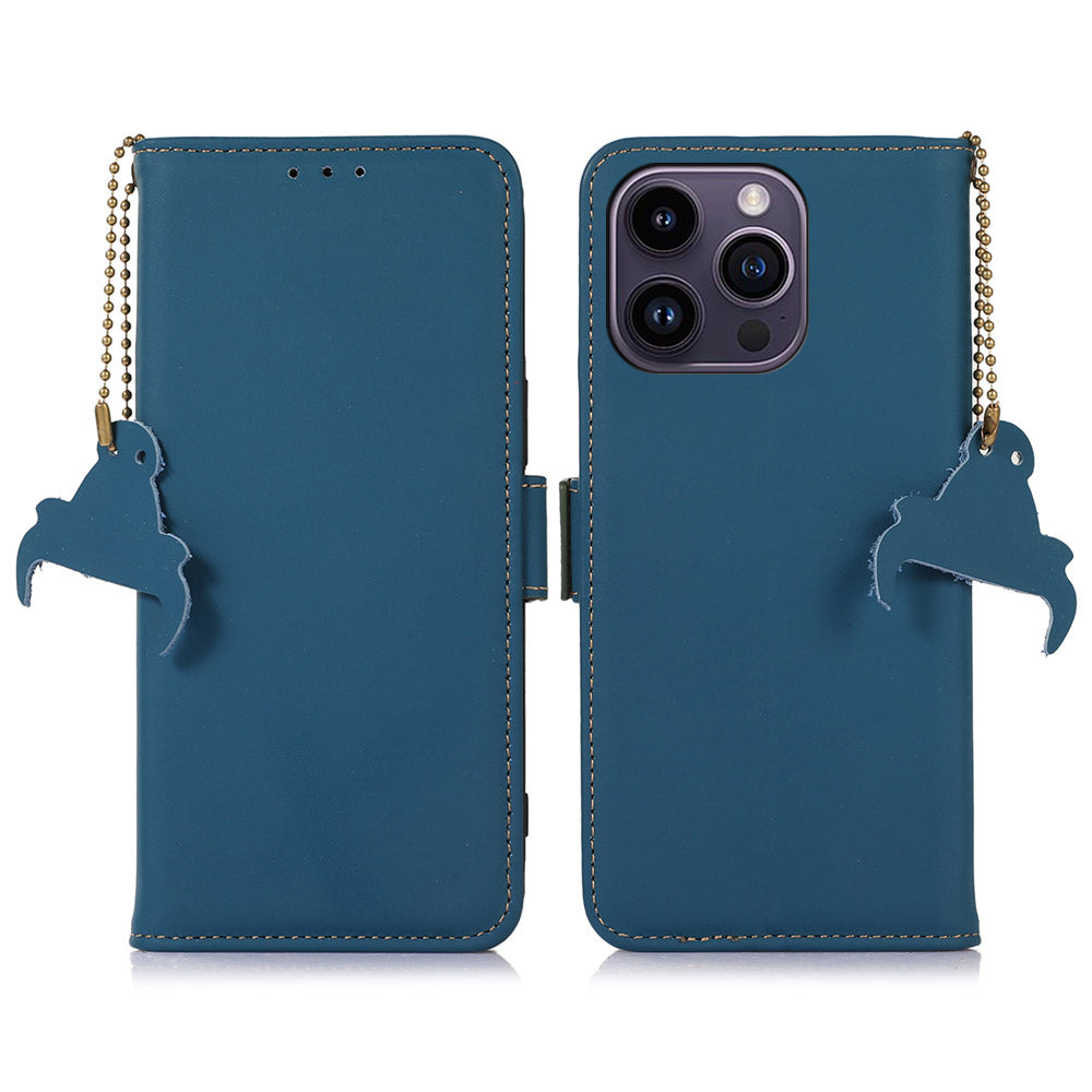 Til iPhone 15 Pro Max RFID-blokerende tegnebog Telefoncover Ægte ko-læder Stand Telefoncover