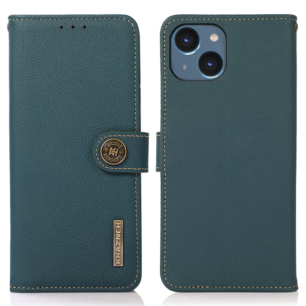 KHAZNEH For iPhone 15 Drop Protection RFID Blocking Wallet Cell Phone Case Genuine Cow Leather Stand Phone Cover