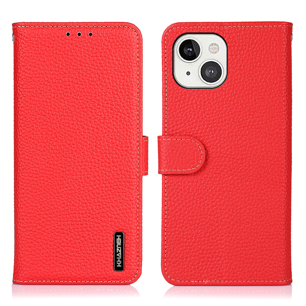 KHAZNEH For iPhone 15 Cell Phone Stand Case Genuine Cow Leather TPU Cover Litchi Texture Dustproof Wallet