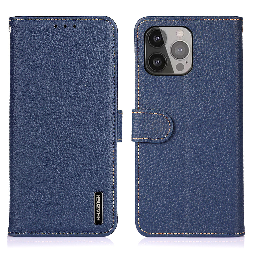 KHAZNEH For iPhone 15 Pro Litchi Texture Cell Phone Stand Case Genuine Cow Leather TPU Cover Wallet