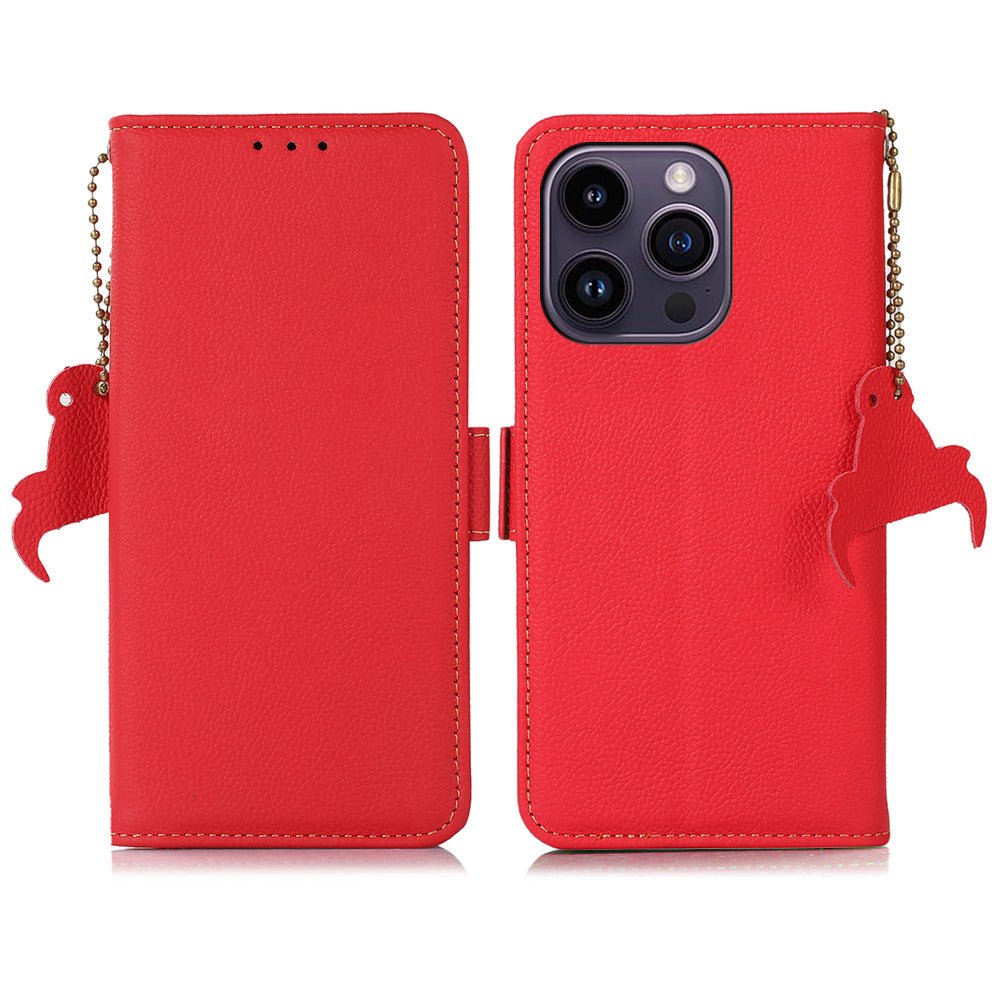 TJ Stand Phone Case til iPhone 15 Pro Max Ægte ko læder RFID Blocking Wallet Smartphone Cover