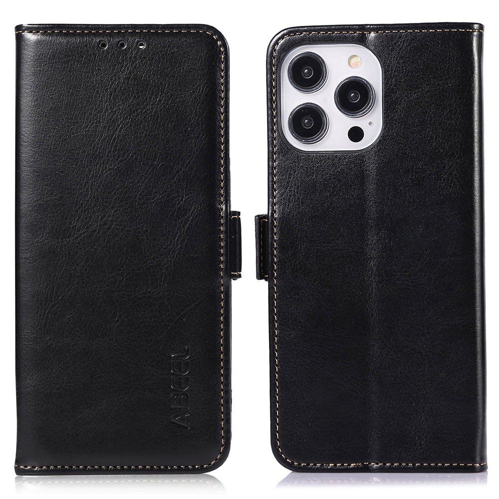 ABEEL For iPhone 15 Pro Crazy Horse Texture Phone Stand Case PU Leather TPU Wallet Phone Cover