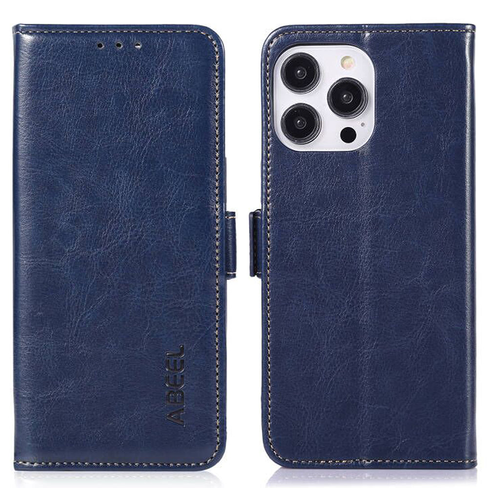 ABEEL For iPhone 15 Pro Crazy Horse Texture Phone Stand Case PU Leather TPU Wallet Phone Cover