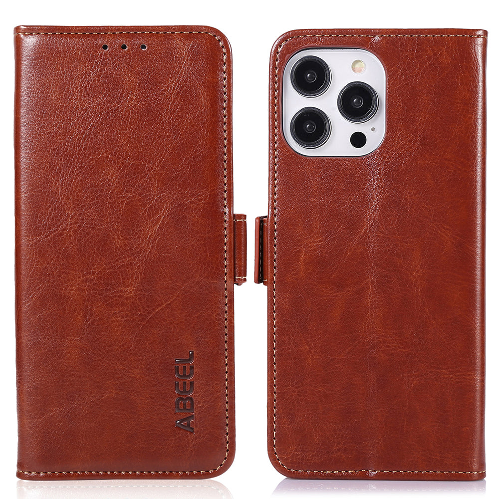 ABEEL For iPhone 15 Pro Crazy Horse Texture Phone Stand Case PU Leather TPU Wallet Phone Cover