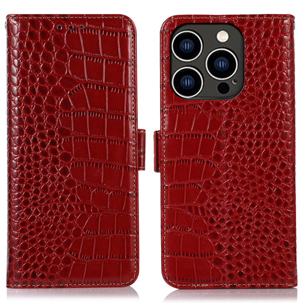 For iPhone 15 Pro RFID Blocking Phone Case Genuine Cow Leather Wallet Stand Anti-drop Cover
