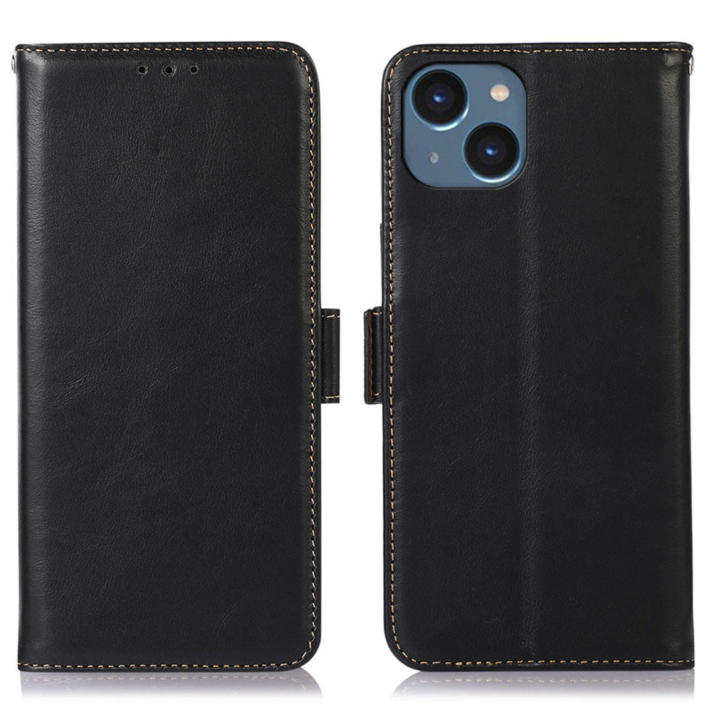 Phone Stand Cover for iPhone 15 Plus Crazy Horse Texture Genuine Cow Leather RFID Blocking Wallet Case
