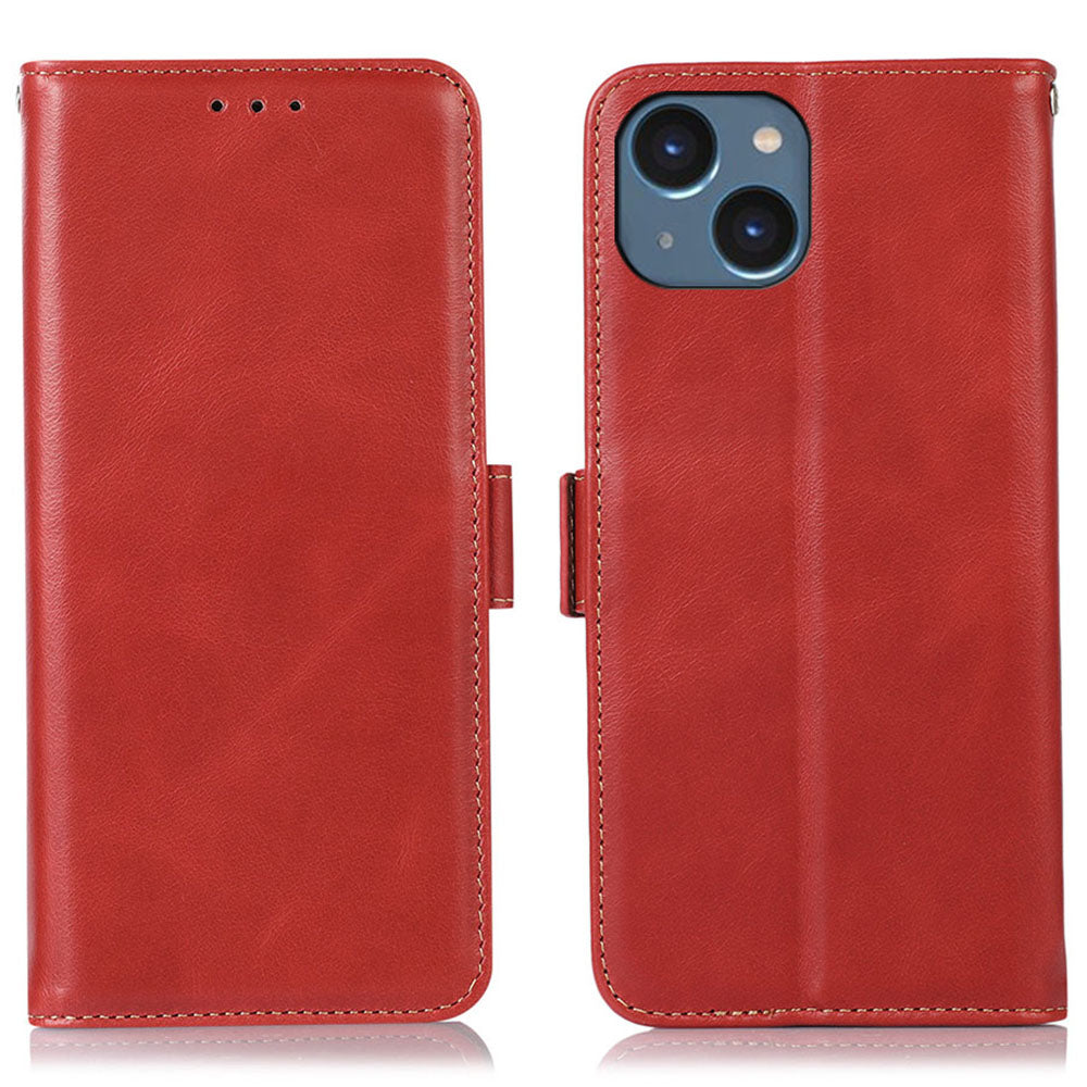 Phone Stand Cover for iPhone 15 Plus Crazy Horse Texture Genuine Cow Leather RFID Blocking Wallet Case