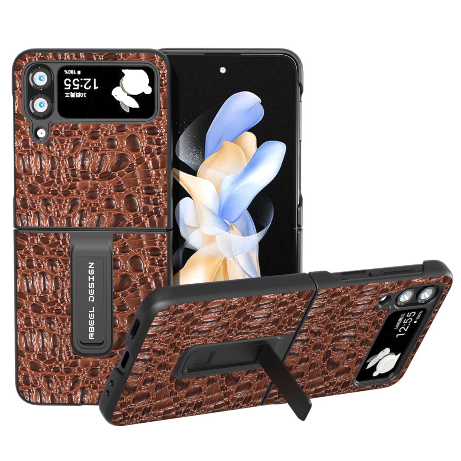 ABEEL For Samsung Galaxy Z Flip4 5G Protective Cover Genuine Cow Leather PC Kickstand Phone Case