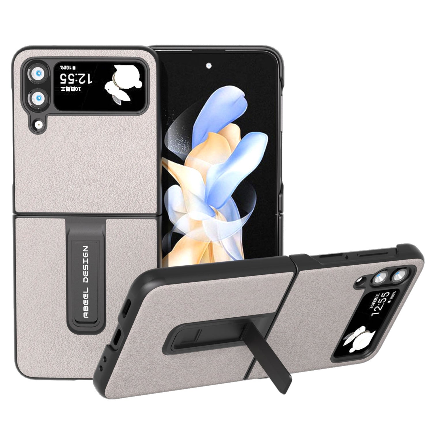 ABEEL For Samsung Galaxy Z Flip4 5G Genuine Cow Leather PC Phone Case Folding Kickstand Cover