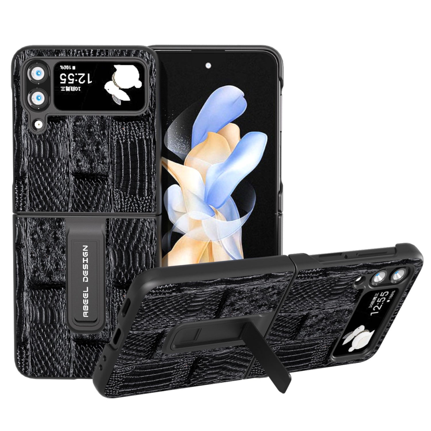ABEEL For Samsung Galaxy Z Flip4 5G Mahjong Texture Anti-slip Case Genuine Cow Leather PC Kickstand Phone Cover