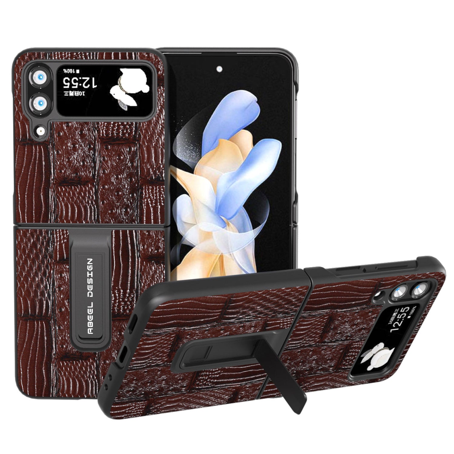ABEEL For Samsung Galaxy Z Flip4 5G Mahjong Texture Anti-slip Case Genuine Cow Leather PC Kickstand Phone Cover