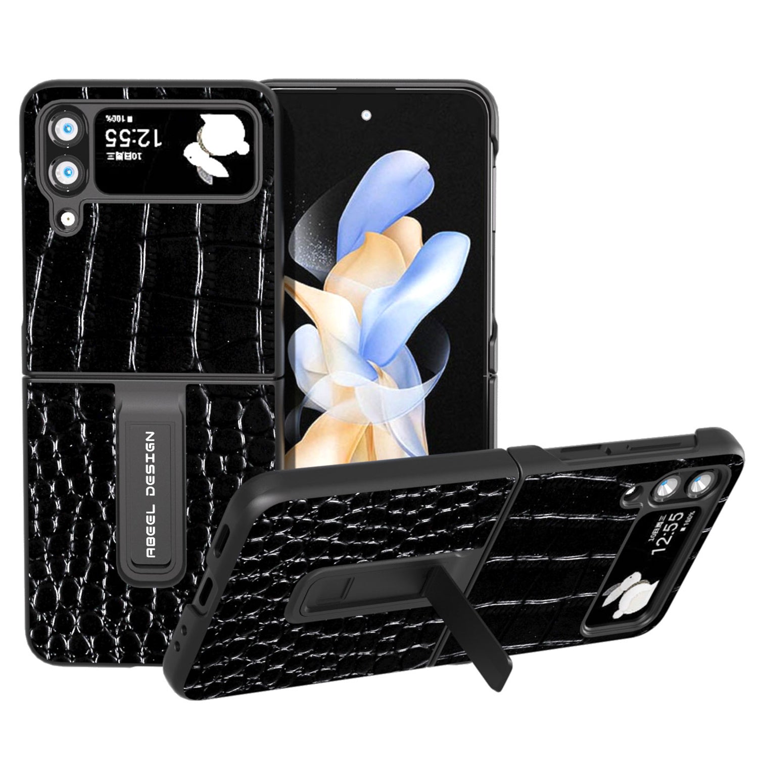 ABEEL For Samsung Galaxy Z Flip4 5G Kickstand Armor Cover Genuine Cow Leather PC Crocodile Texture Phone Case