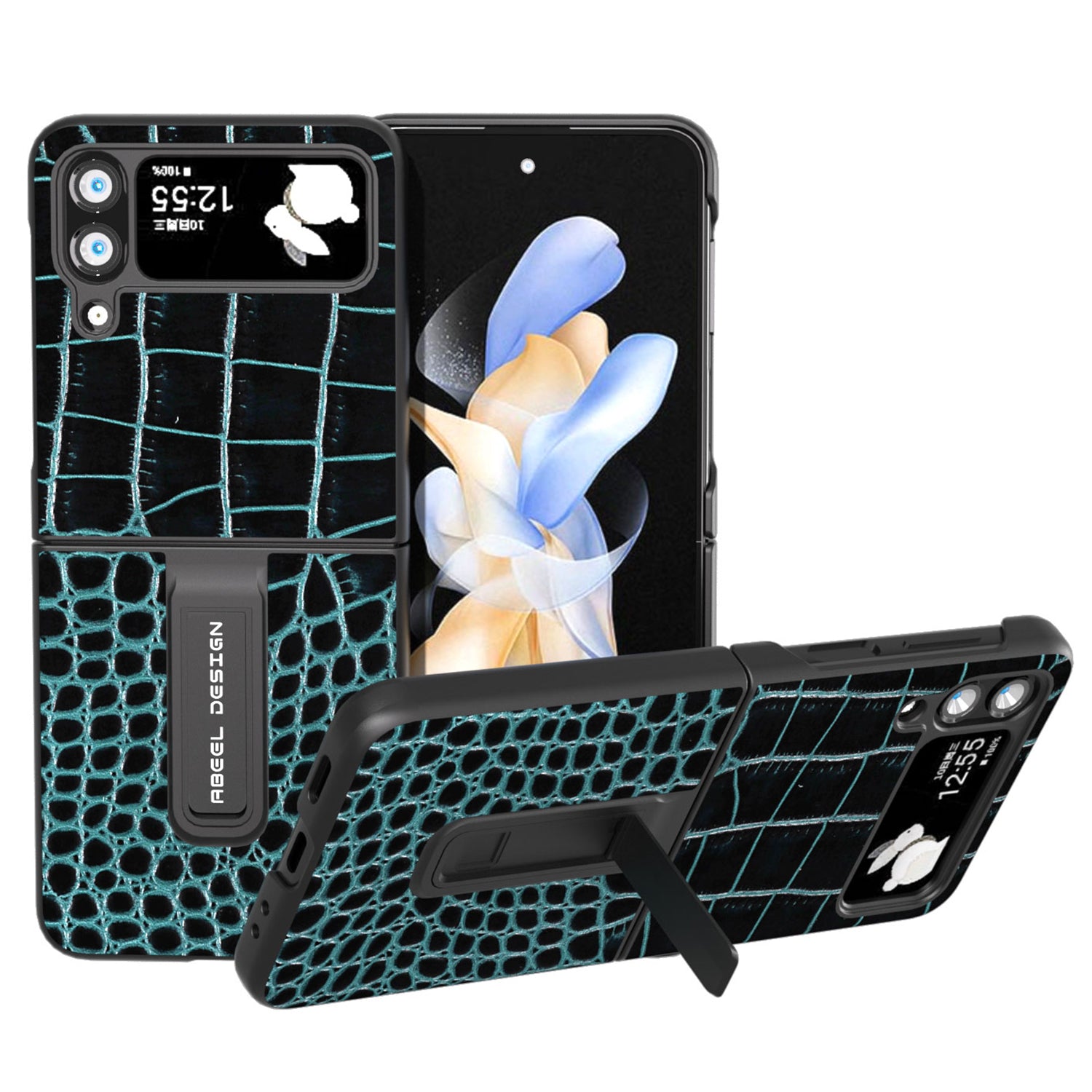 ABEEL For Samsung Galaxy Z Flip4 5G Kickstand Armor Cover Genuine Cow Leather PC Crocodile Texture Phone Case