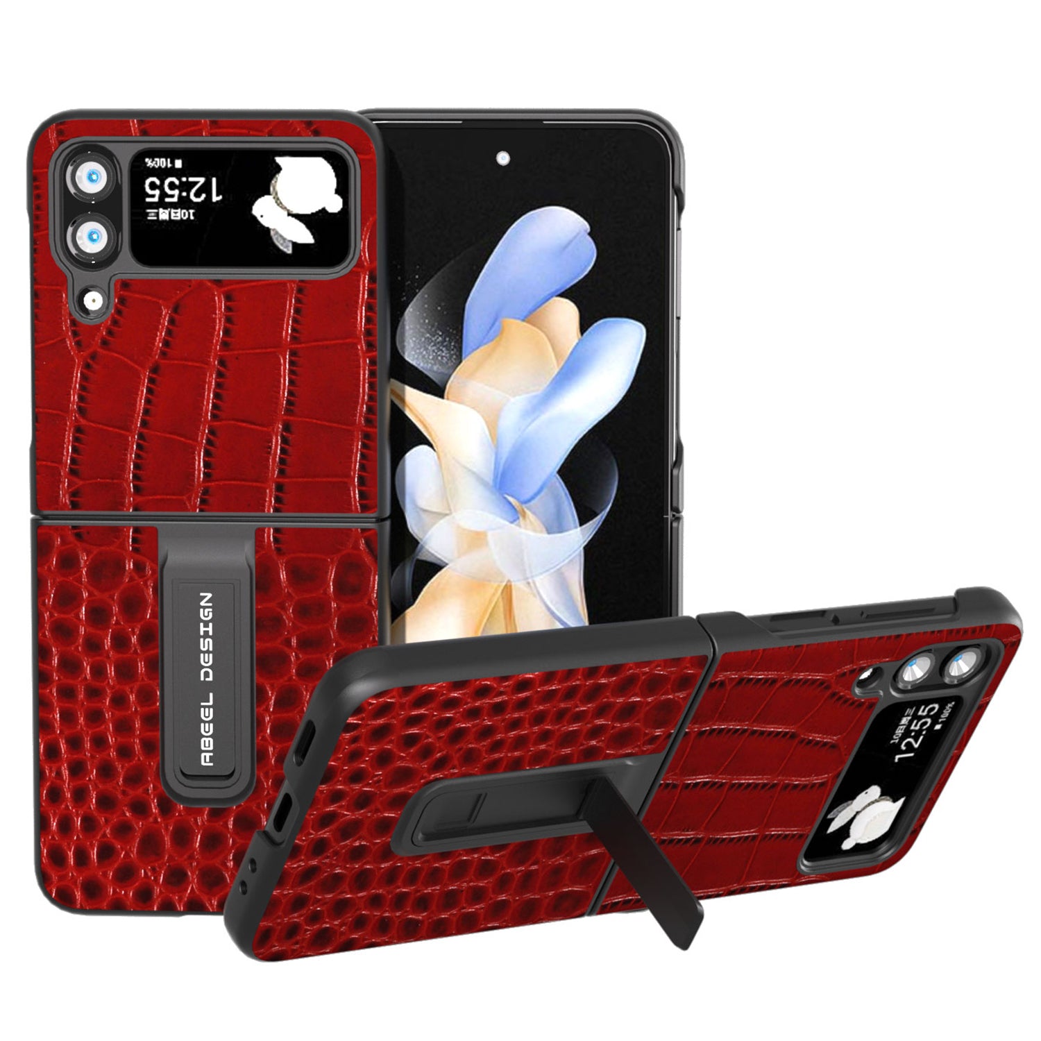 ABEEL For Samsung Galaxy Z Flip4 5G Kickstand Armor Cover Genuine Cow Leather PC Crocodile Texture Phone Case