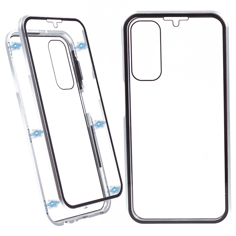 For Samsung Galaxy A24 4G Clear Double-Sided Tempered Glass Case Magnetic Adsorption Metal Frame Phone Cover