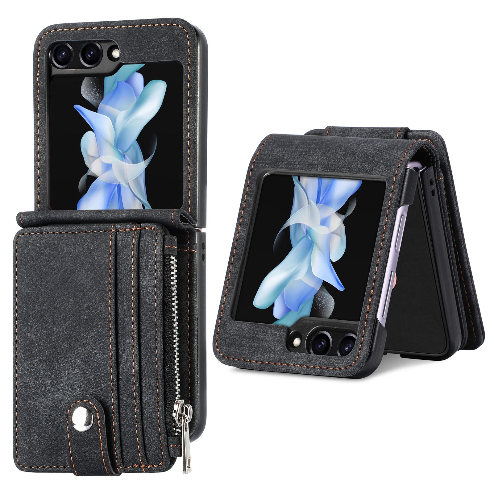 Protective Wallet Case for Samsung Galaxy Z Flip5 5G Retro PU Leather PC Phone Cover with Kickstand
