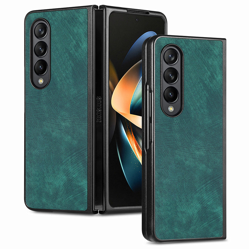 For Samsung Galaxy Z Fold4 5G Phone Case PU Leather PC Retro Texture Cover with Tempered Glass Film