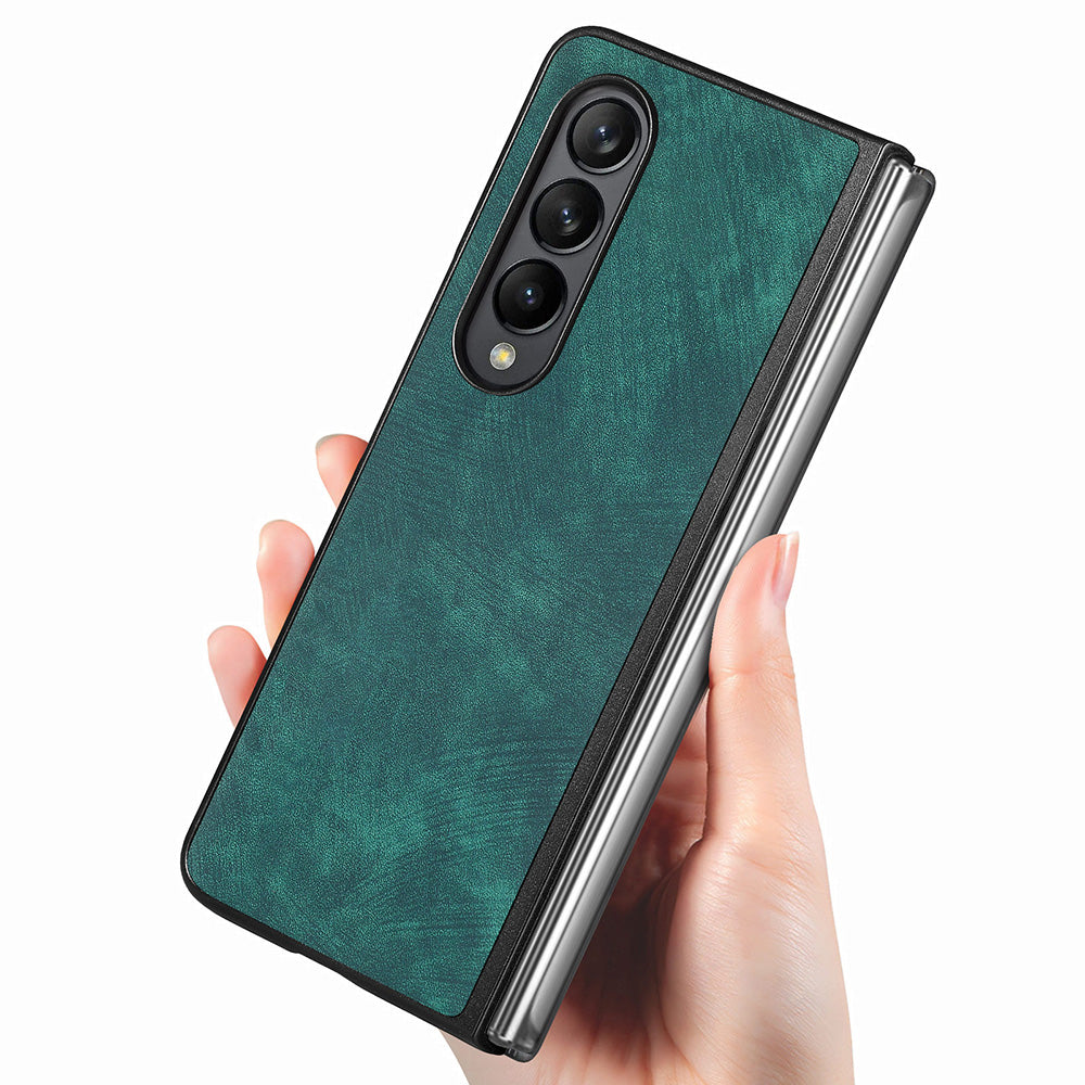 For Samsung Galaxy Z Fold4 5G Phone Case PU Leather PC Retro Texture Cover with Tempered Glass Film