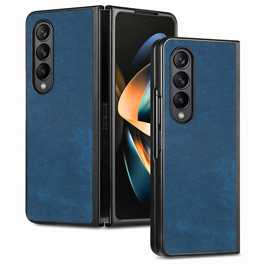 For Samsung Galaxy Z Fold4 5G Phone Case PU Leather PC Retro Texture Cover with Tempered Glass Film