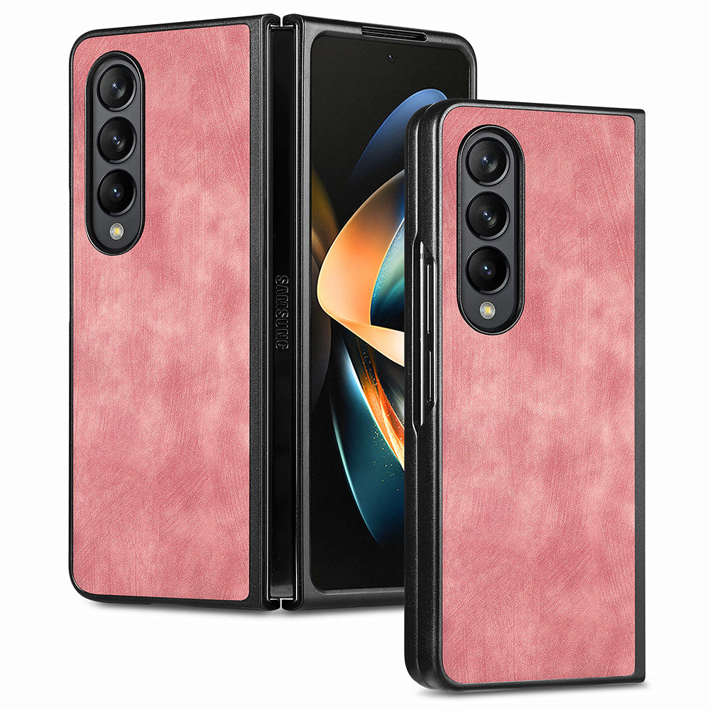 For Samsung Galaxy Z Fold4 5G Phone Case PU Leather PC Retro Texture Cover with Tempered Glass Film