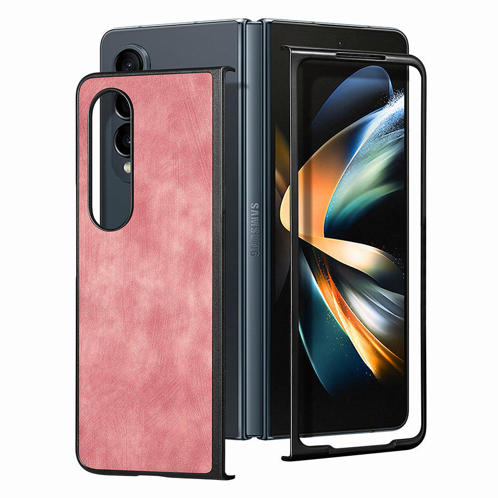 For Samsung Galaxy Z Fold4 5G Phone Case PU Leather PC Retro Texture Cover with Tempered Glass Film