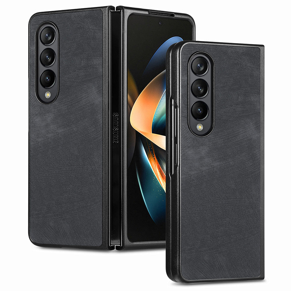 For Samsung Galaxy Z Fold4 5G Phone Case PU Leather PC Retro Texture Cover with Tempered Glass Film