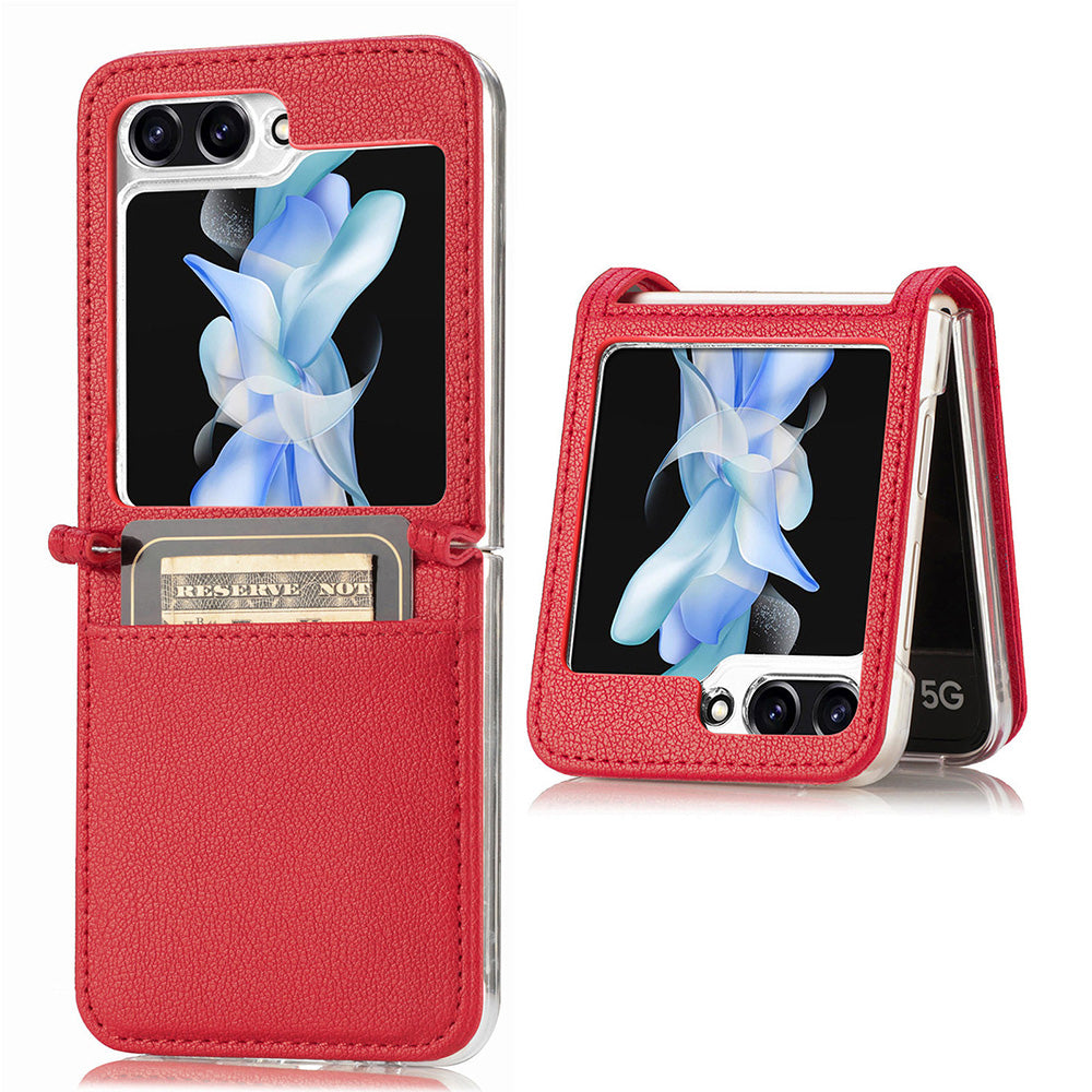 Protective Slim Case for Samsung Galaxy Z Flip5 5G Litchi Texture Card Holder PU Leather PC Phone Cover