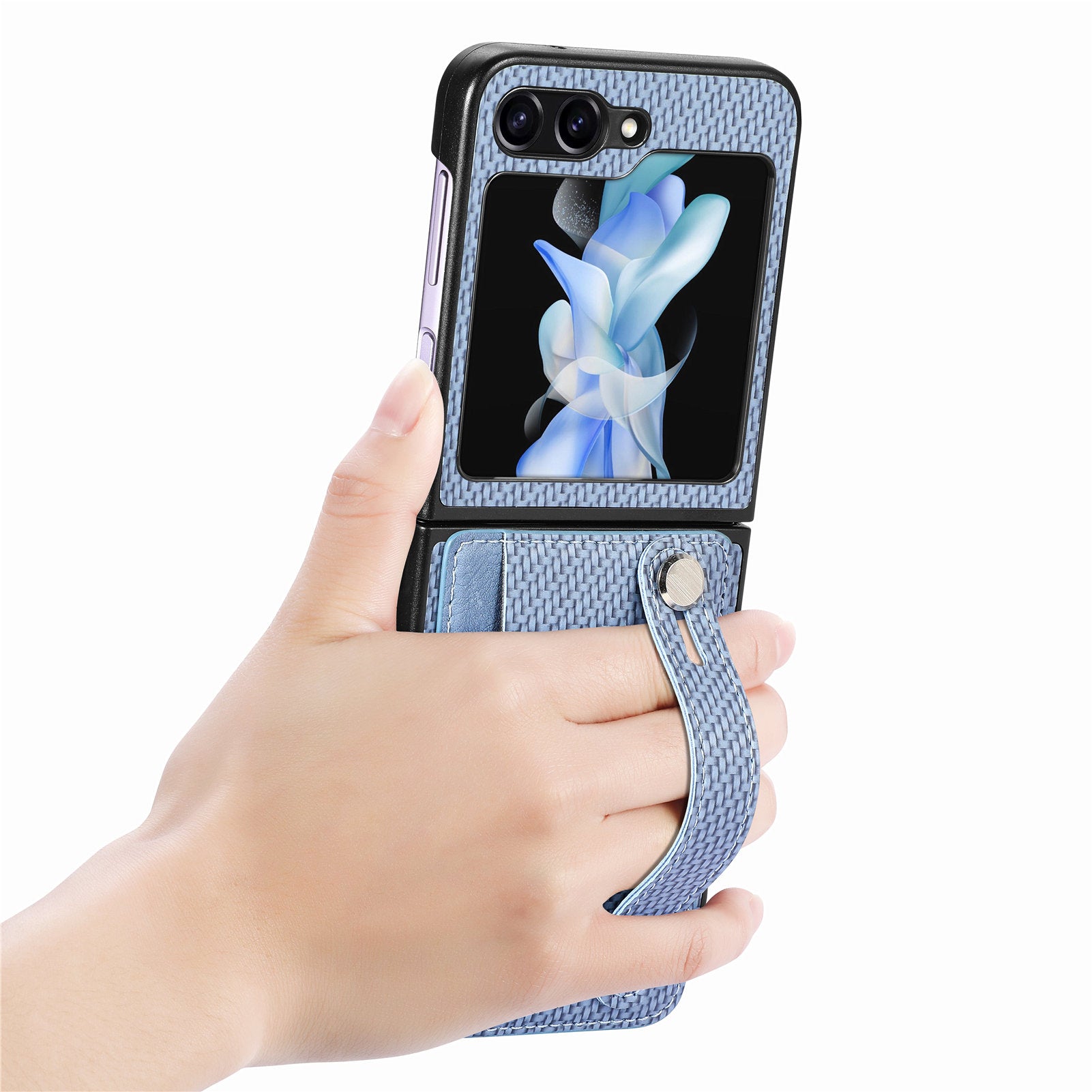 Card Slot Phone Cover for Samsung Galaxy Z Flip5 5G Carbon Fiber Texture PU Leather PC Phone Case with Kickstand