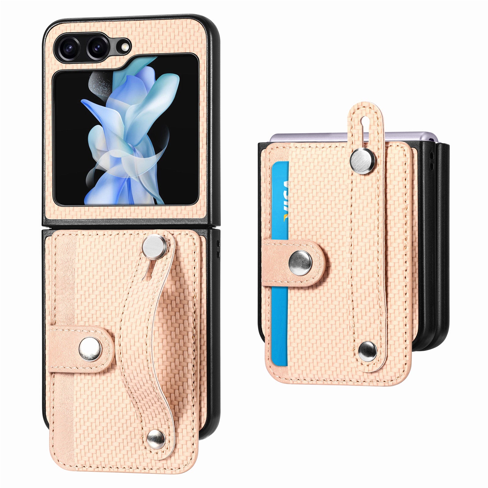 Card Slot Phone Cover for Samsung Galaxy Z Flip5 5G Carbon Fiber Texture PU Leather PC Phone Case with Kickstand