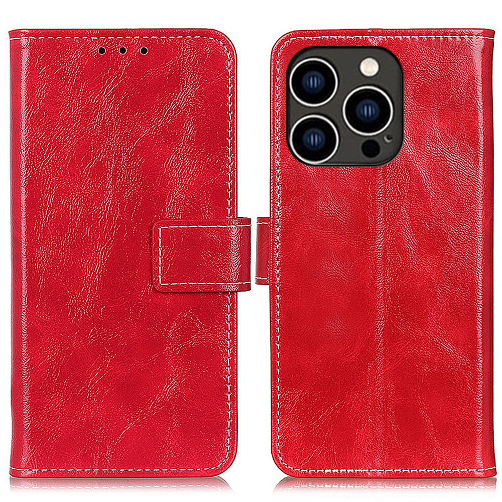 For iPhone 15 Pro Retro Leather Wallet Stand Case Crazy Horse Texture Smartphone Cover