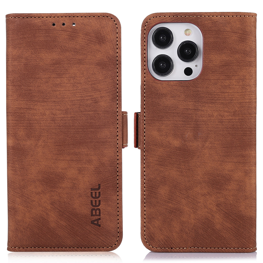 ABEEL For iPhone 15 Pro Drop-proof Wallet Cover Retro PU Leather Phone Case with Stand