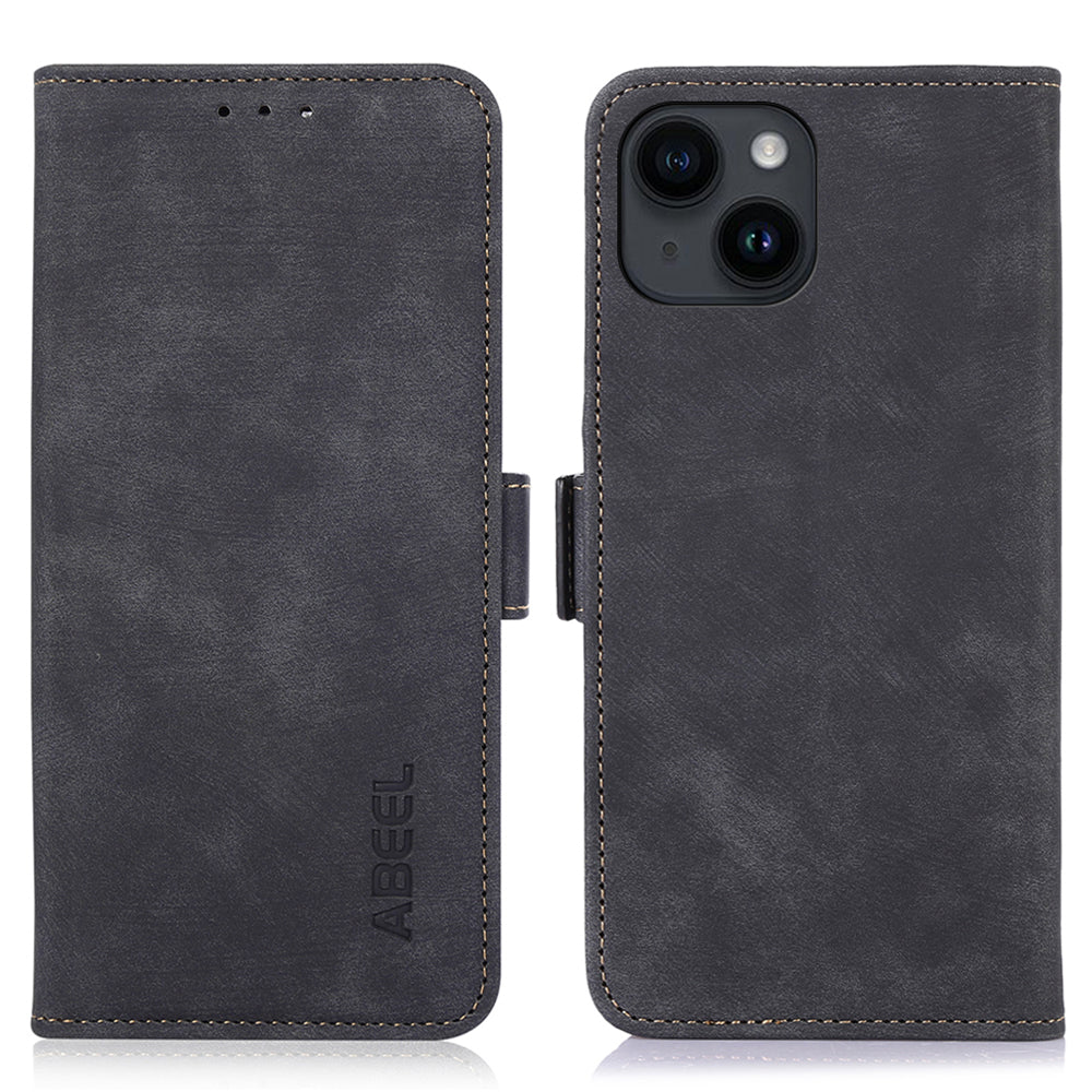 ABEEL For iPhone 15 Plus Retro PU Leather Wallet Shell Mobile Phone Stand Case