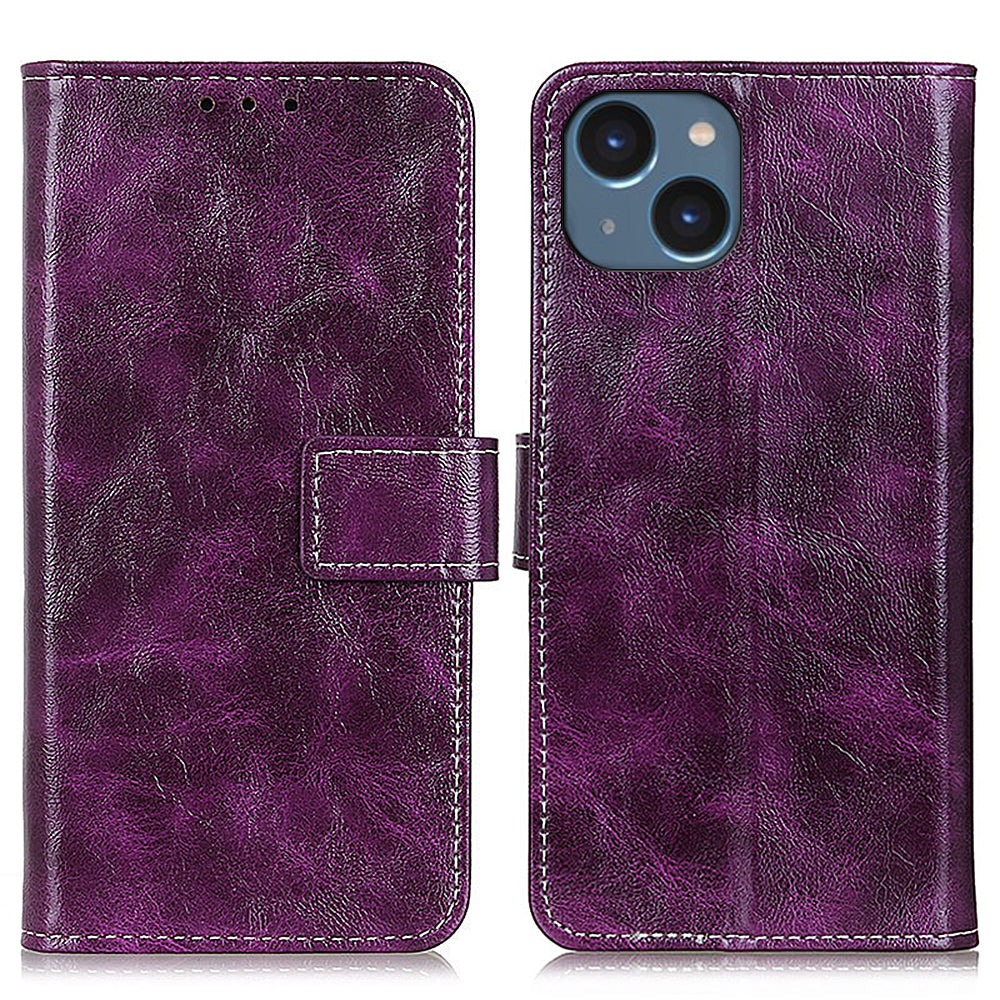 For iPhone 15 Retro Leather Wallet Case Crazy Horse Texture Magnetic Clasp Stand Cover