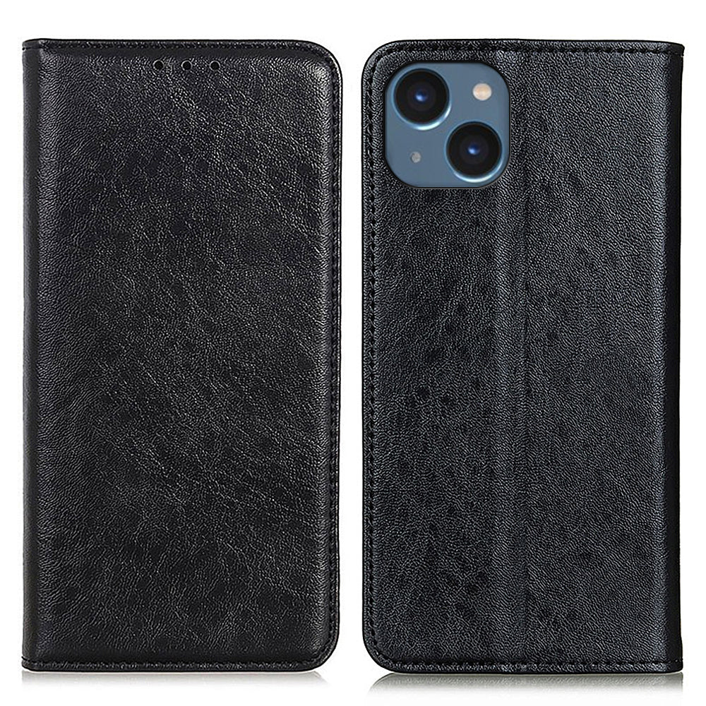 For iPhone 15 Crazy Horse Texture Drop-proof Phone Case Leather Wallet Cover with Stand