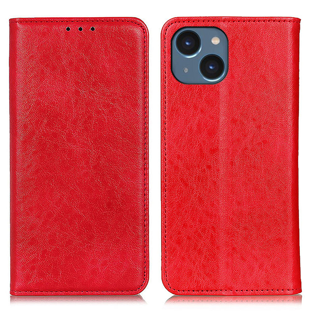For iPhone 15 Crazy Horse Texture Drop-proof Phone Case Leather Wallet Cover with Stand