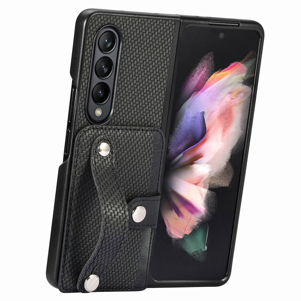 For Samsung Galaxy Z Fold3 5G Wristband Kickstand Phone Case Card Holder PU Leather Coated PC Case
