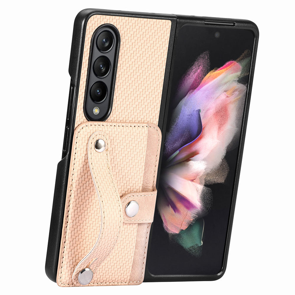 For Samsung Galaxy Z Fold3 5G Wristband Kickstand Phone Case Card Holder PU Leather Coated PC Case