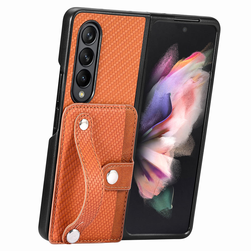 For Samsung Galaxy Z Fold3 5G Wristband Kickstand Phone Case Card Holder PU Leather Coated PC Case