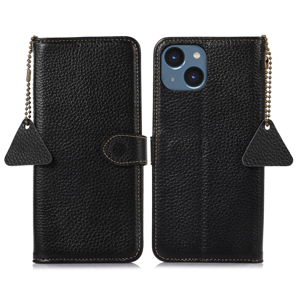 Phone Case for iPhone 15 Plus RFID Blocking Litchi Texture Genuine Cow Leather Wallet Cover