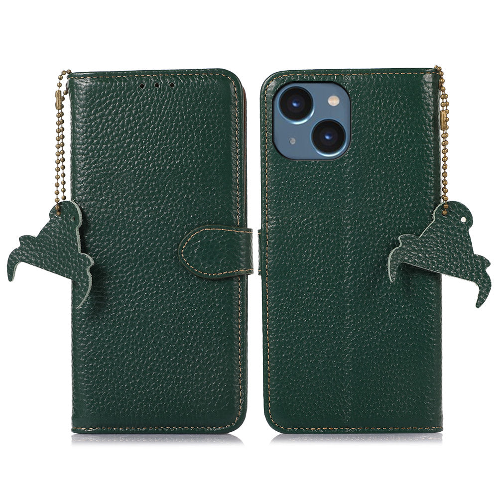 Phone Case for iPhone 15 Plus RFID Blocking Litchi Texture Genuine Cow Leather Wallet Cover