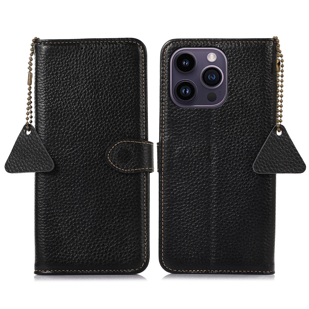 For iPhone 15 Pro Wallet Case RFID Blocking Litchi Texture Genuine Cow Leather Filp Cover