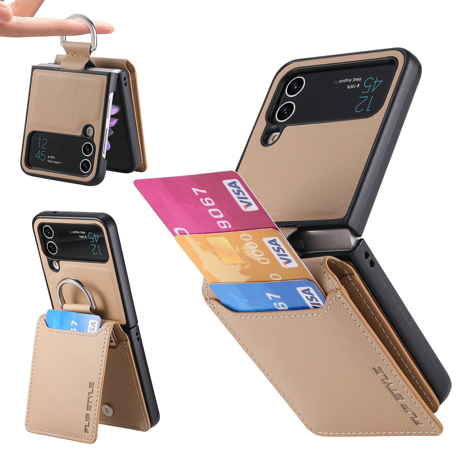 For Samsung Galaxy Z Flip4 5G Card Holder Kickstand Case PU Leather Coated PC Phone Cover with Built-in Metal Sheet