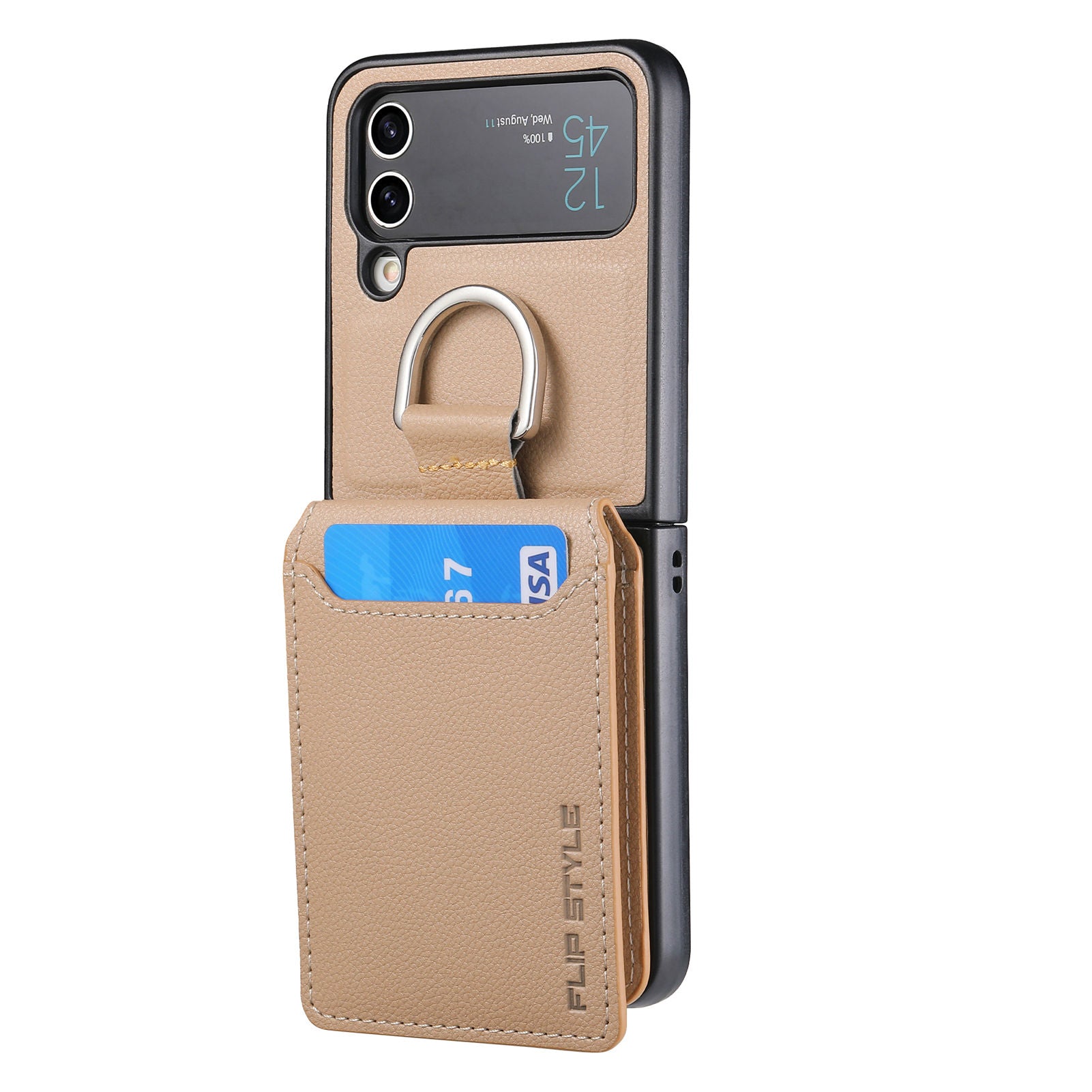 For Samsung Galaxy Z Flip4 5G Card Holder Kickstand Case PU Leather Coated PC Phone Cover with Built-in Metal Sheet