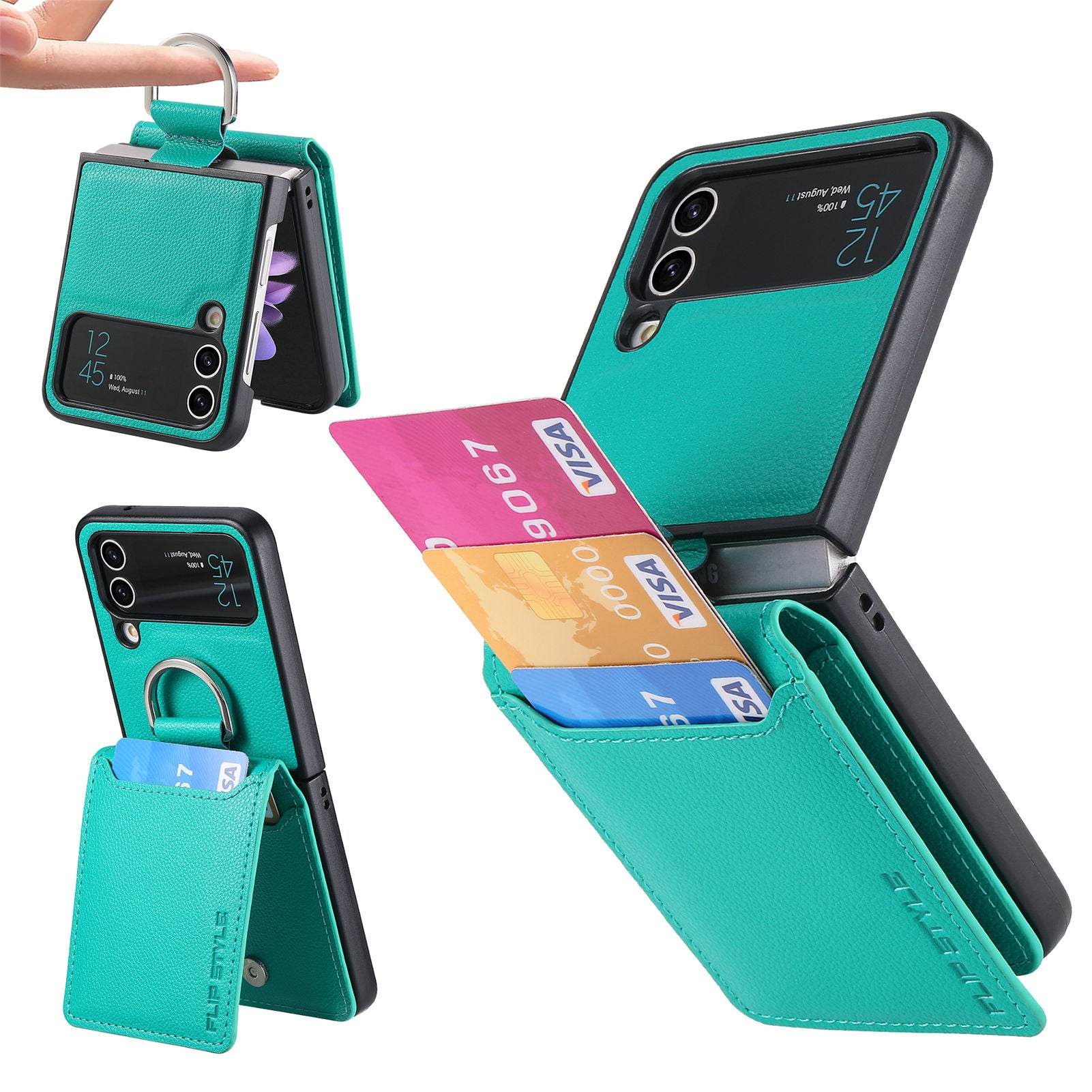 For Samsung Galaxy Z Flip4 5G Card Holder Kickstand Case PU Leather Coated PC Phone Cover with Built-in Metal Sheet