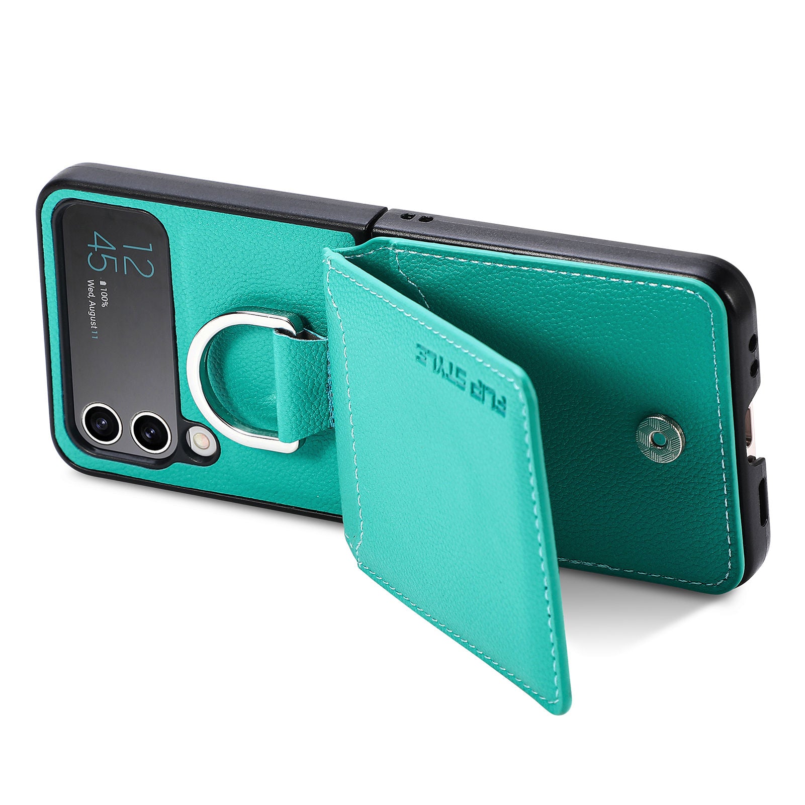 For Samsung Galaxy Z Flip4 5G Card Holder Kickstand Case PU Leather Coated PC Phone Cover with Built-in Metal Sheet