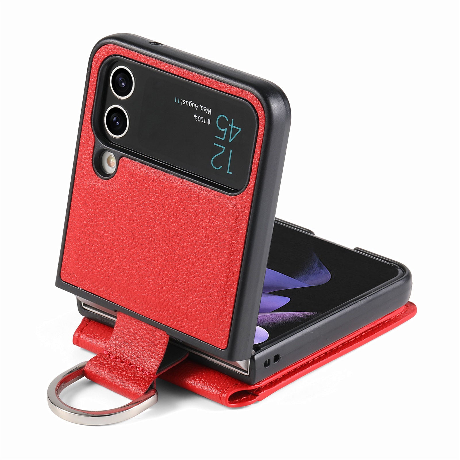 For Samsung Galaxy Z Flip4 5G Card Holder Kickstand Case PU Leather Coated PC Phone Cover with Built-in Metal Sheet