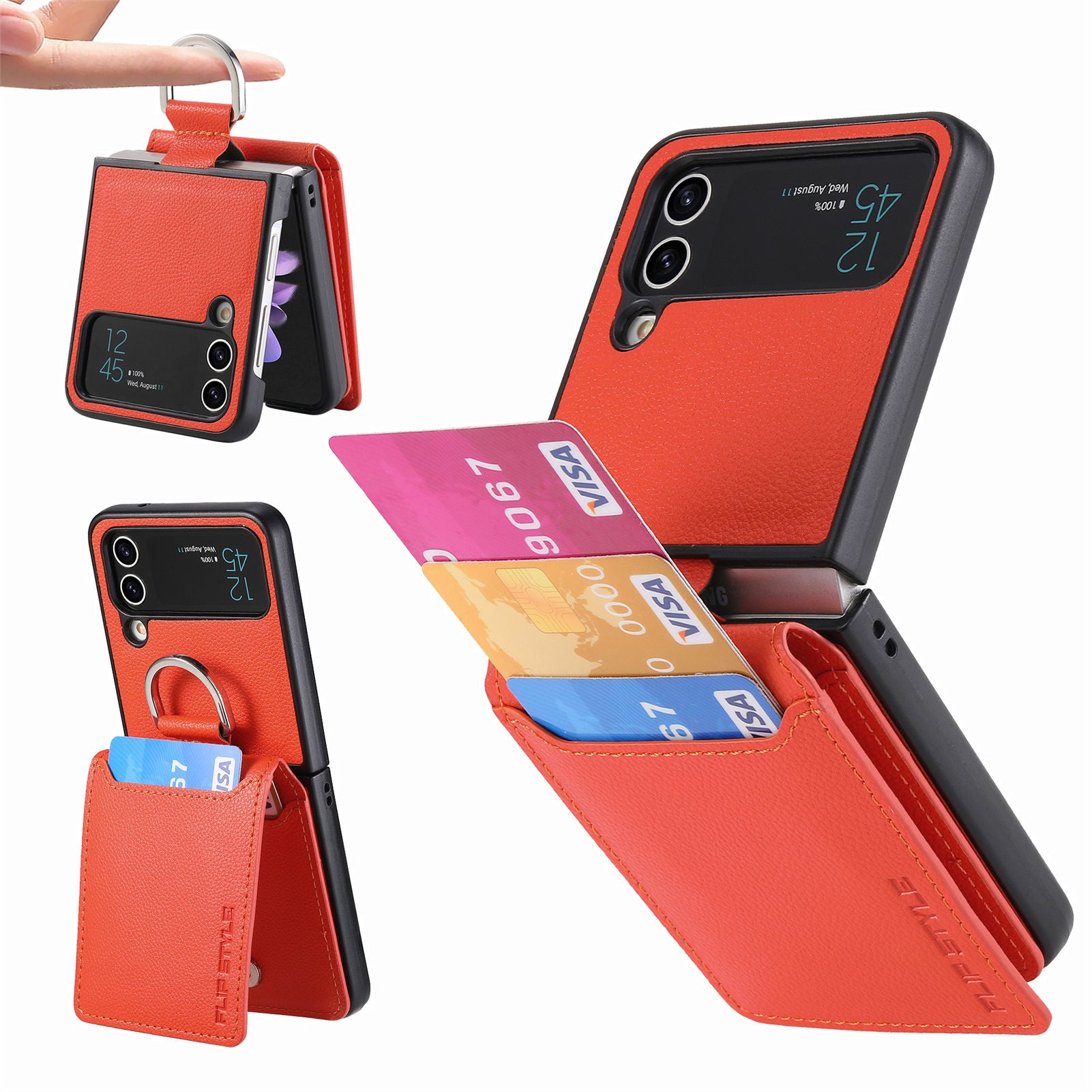 For Samsung Galaxy Z Flip4 5G Card Holder Kickstand Case PU Leather Coated PC Phone Cover with Built-in Metal Sheet